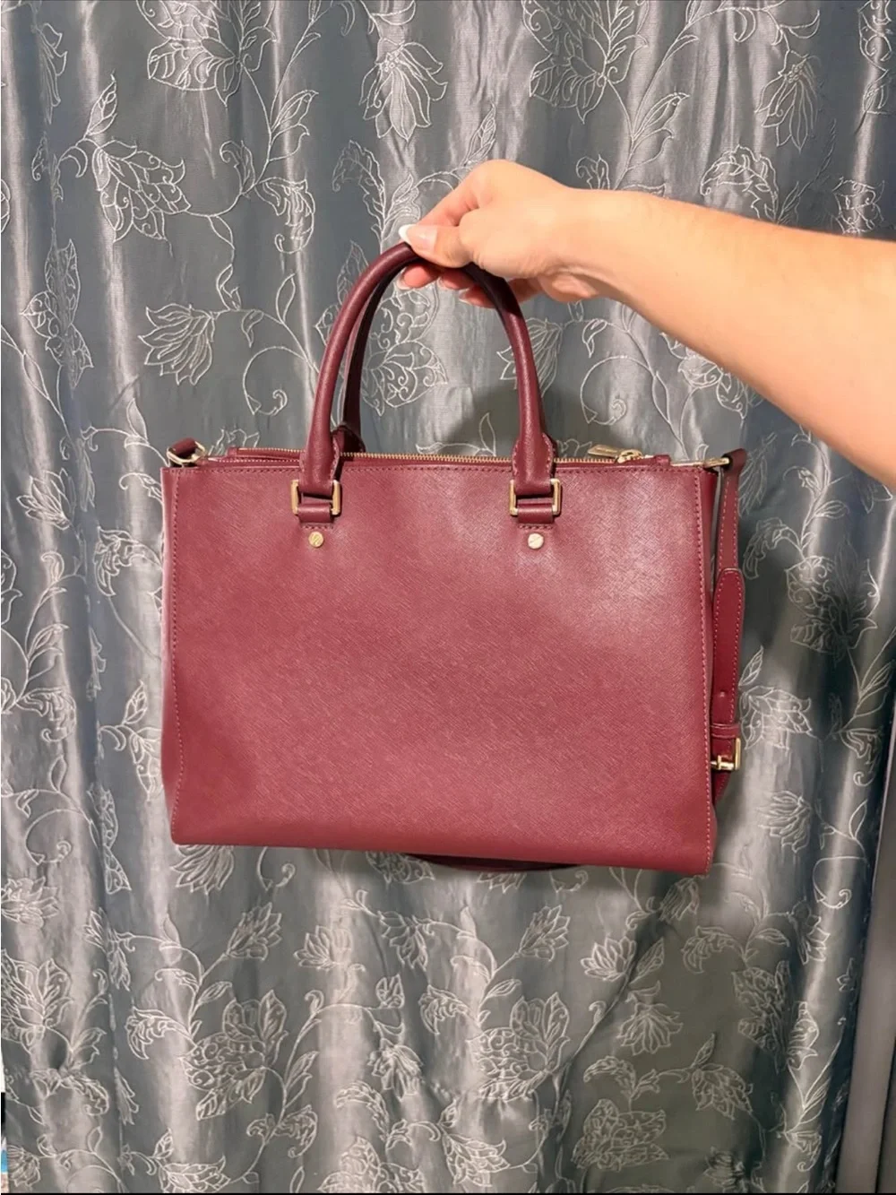 Michael Kors Wine Saffiano Leather Satchel with Gold Hardware